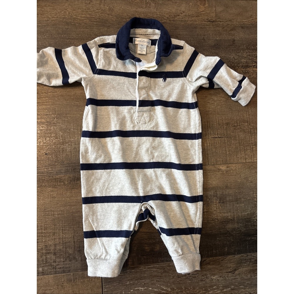 Ralph Lauren Polo Baby Boy Romper 3 Months Rugby 1 Piece Gray Navy Stripe